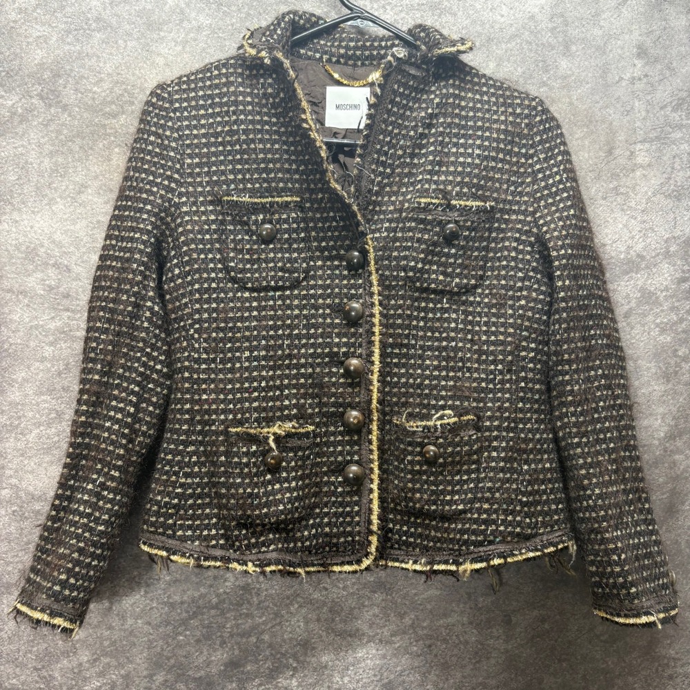Moschino Tweed Cropped Blazer Jacket Size 12 Wool Mohair Fringe Trim Preppy